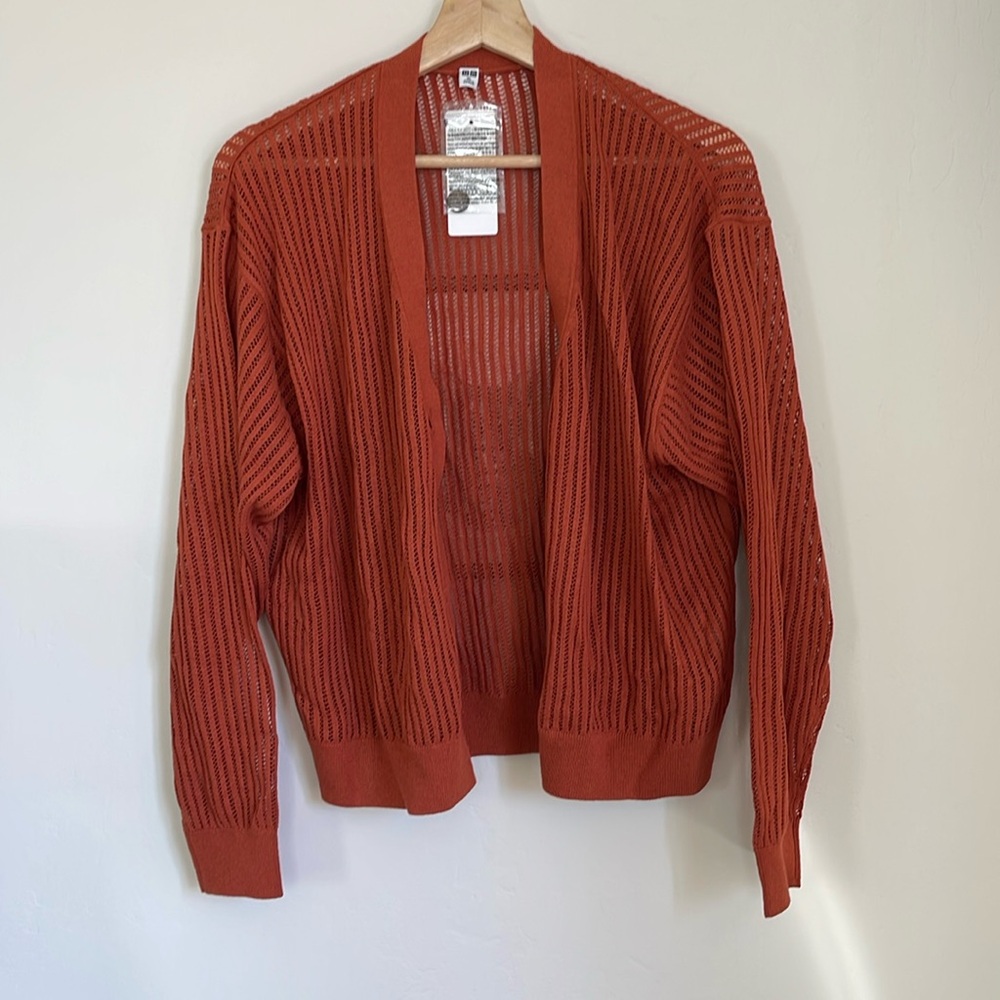 Uniqlo brand rust colored three button up mesh cardigan, size XL